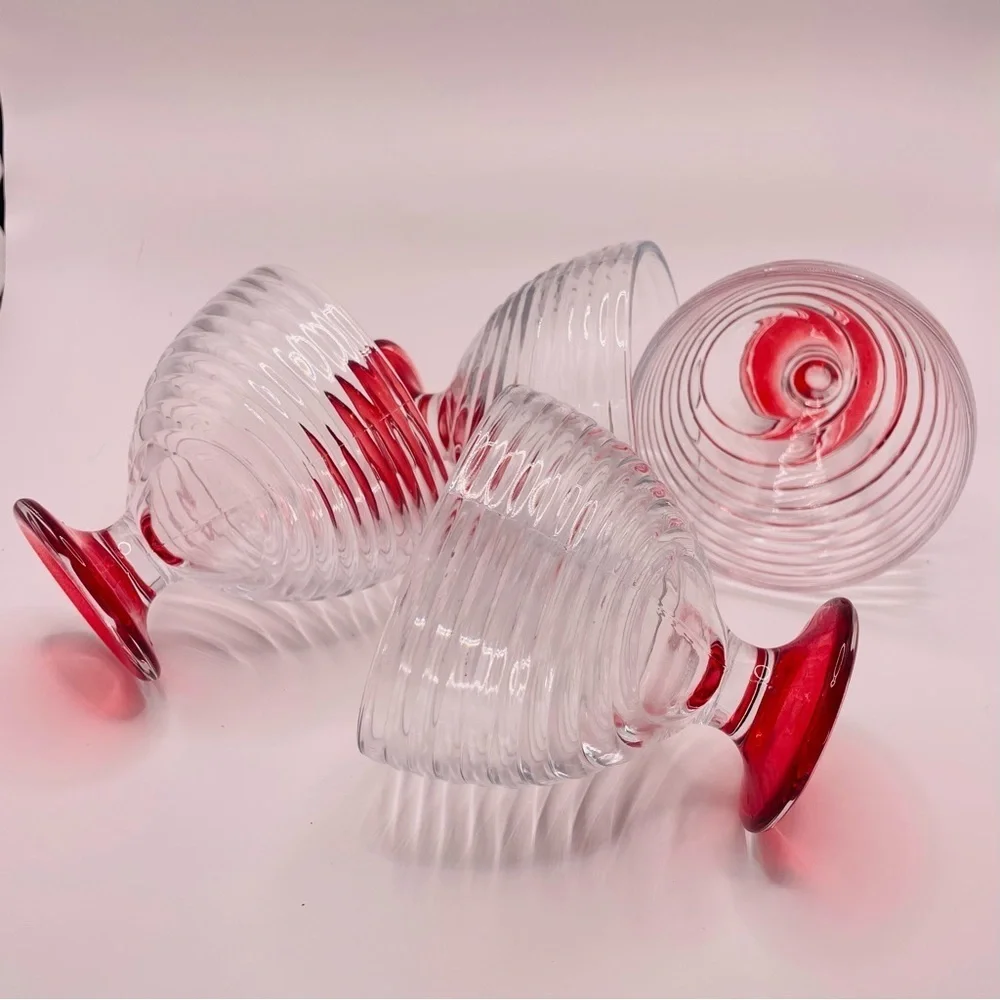 4 Vintage - ARC Swirl MCM / Ribbed Pedestal Dessert Glass Dish Flashed Red Base